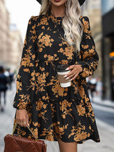 Elasticity Flower Print Split-Joint A-Line High Waisted Round-Neck Mini Dresses